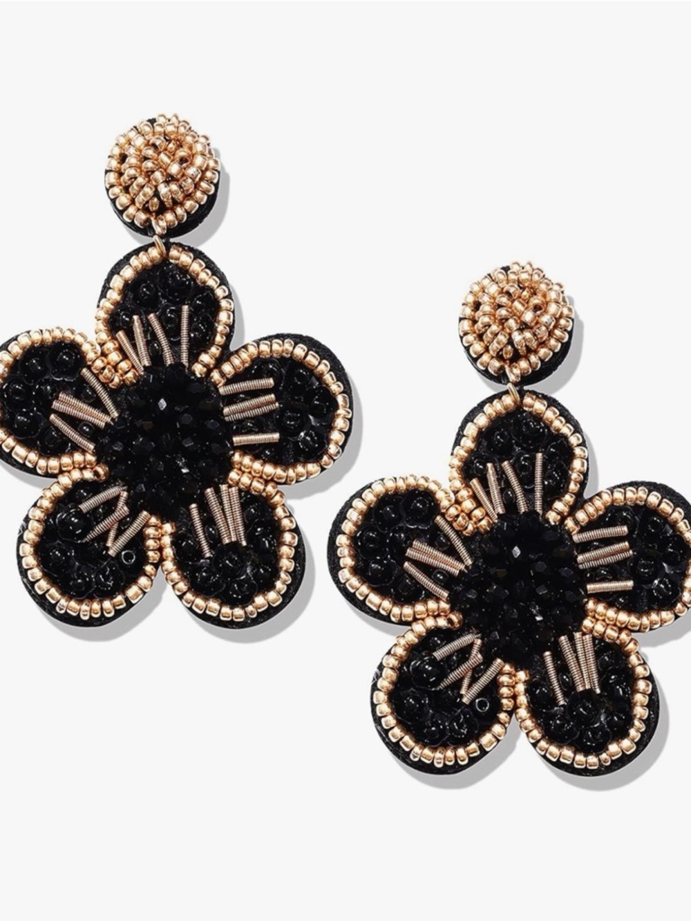 Beaded Black and Gold Flower Drop Earrings